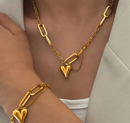 Stainless Steel Heart Paperclip Chain Jewelry Set