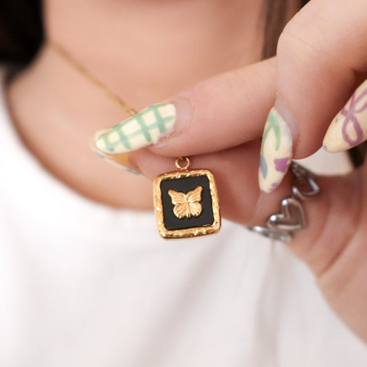 Butterfly Noir Square Medallion Necklace
