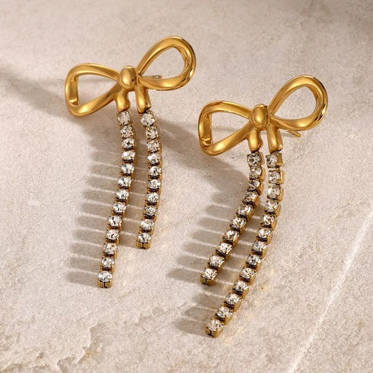 Sparkling Bow Tassel Drop Earrings