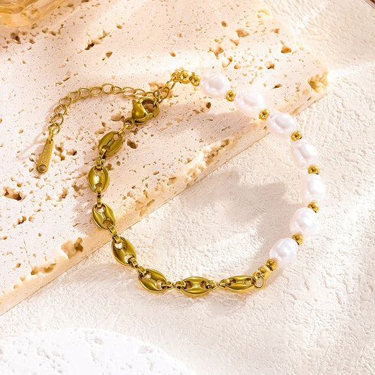 Baroque Pearl & Coffee Bean Link Bracelet