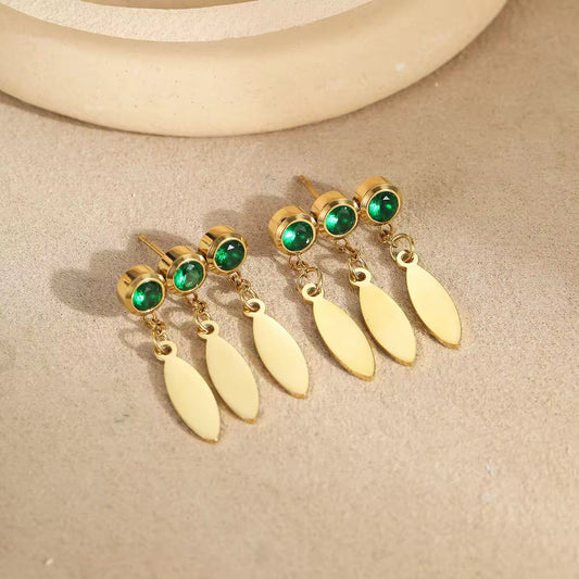 Triple Zircon Dangle Leaf Earrings