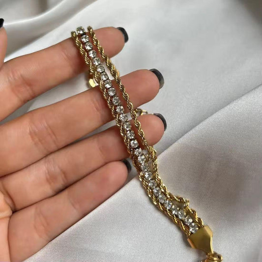 Triple-Layer Crystal & Rope Chain Bracelet