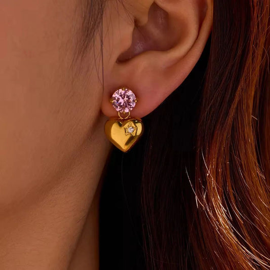 Pink Crystal & Puffy Heart Drop Earrings