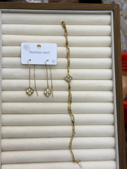 Luxury Crystal Clover Earring & Bracelet Set